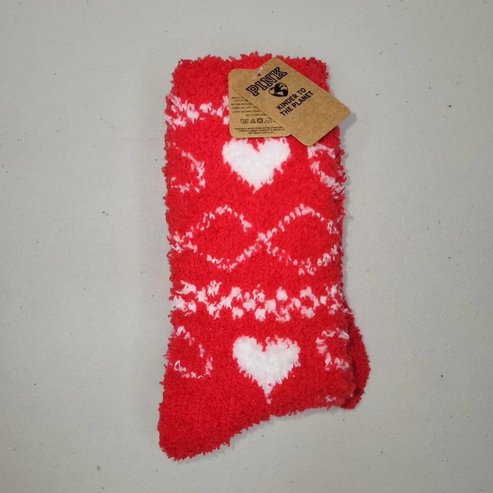 PINK by Victoria's Secret Cozy Heart Fuzzy Socks Red‎ White Women's